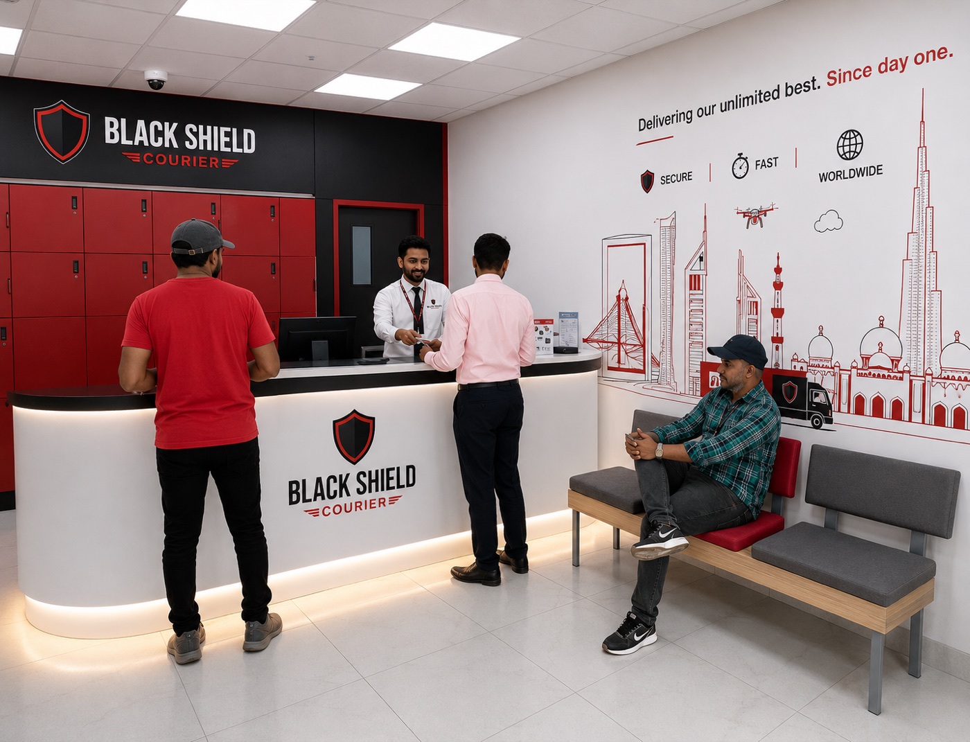 Customers being assisted at a Black Shield Courier service centre