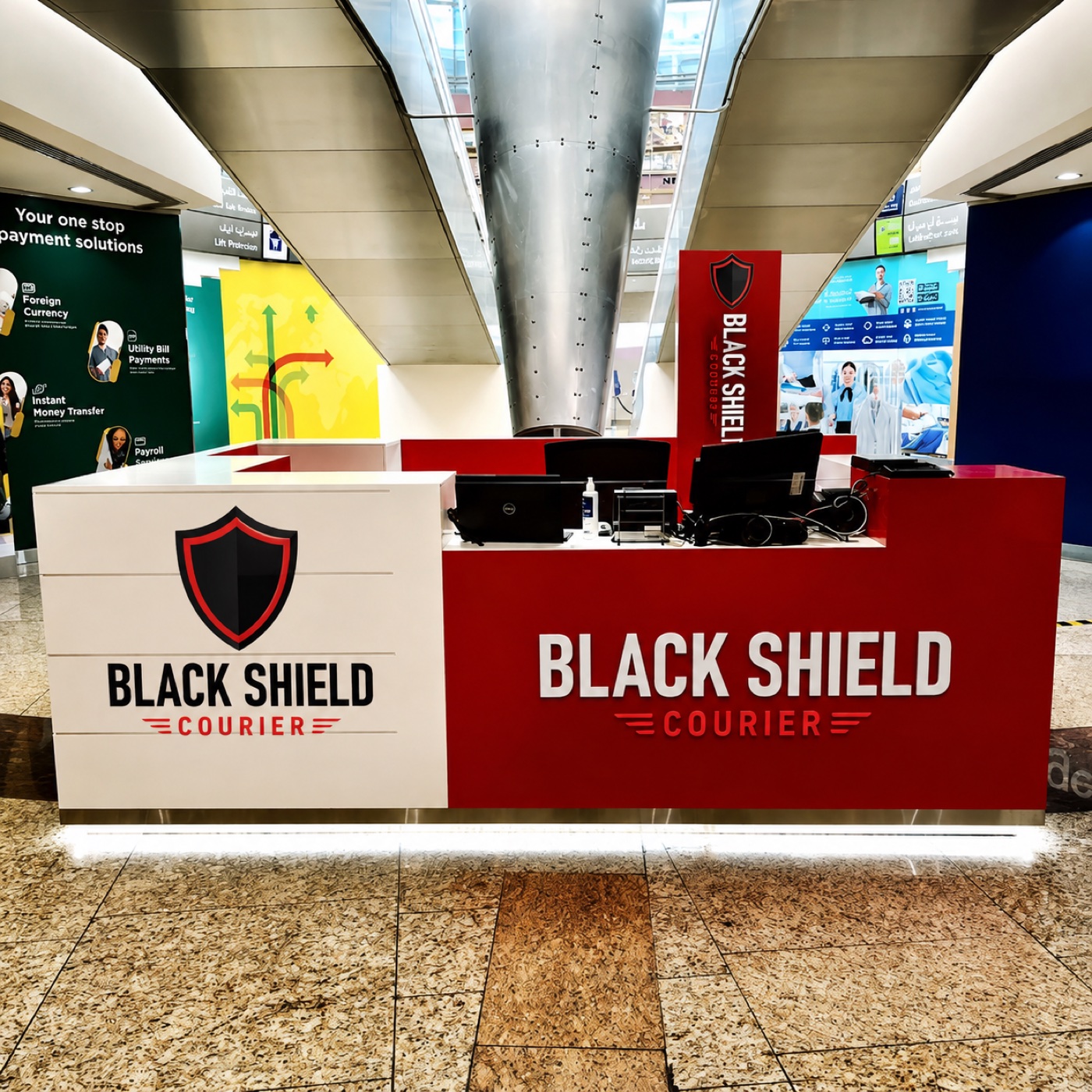 Black Shield Courier branded customer service desk
