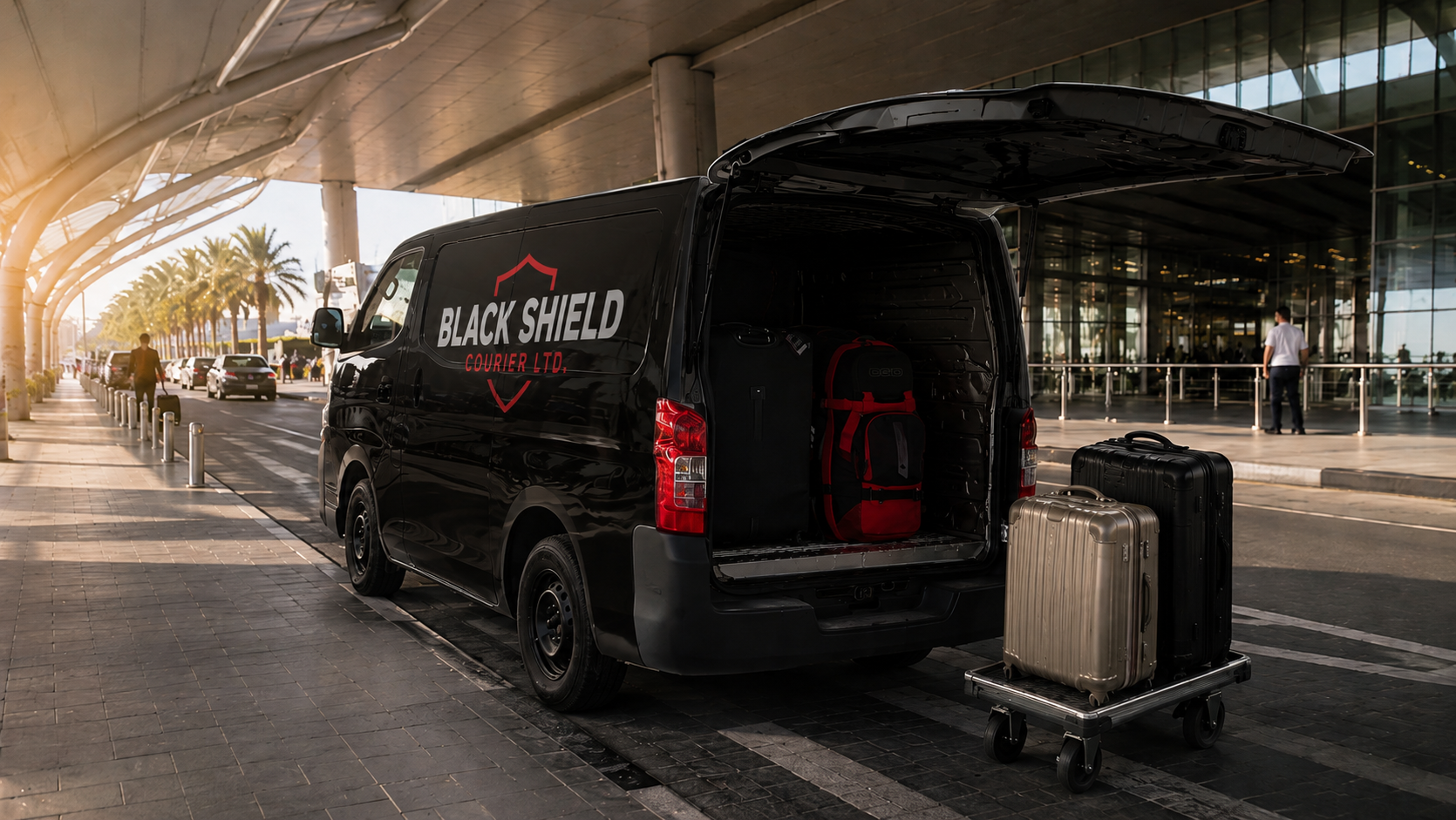 Black Shield Courier secure van handling luggage at an airport terminal